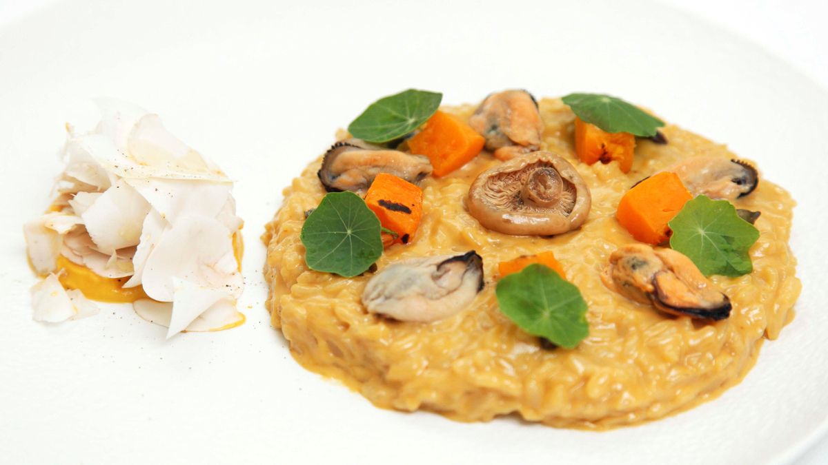 Arroz de calabaza y 'shropshire' de Aurelio Morales, chef de La Terraza del Claris.