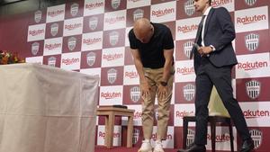 Spanish soccer player Andres Iniesta of Vissel Kobe attends press conference