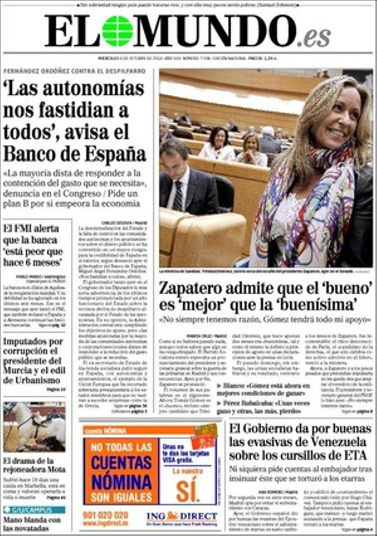 ’El Mundo’ destaca a dins, a més dels temes de la portada, que el fiscal demana al Tribunal Suprem que consideri nul·la la condemna de Miguel Hernández; que el germà de Rafael Niubó, vicesecretari general de Vicepresidència de la Generalitat, treballa per a l’ens que adjudica gimnasos públics a Barcelona; que la jutge del cas de l’hotel del Palau veu indicis de prevaricació; unes gravacions dels agents sublevats a l’Equador que advocaven per matar el president Correa; que Zapatero accepta ara negociar un pacte de finançament municipal; que l’eurocomissari Joaquín Almunia amplia un altre any, fins al 2012, les subvencions publiques dels governs als bancs; que el PSOE votarà avui al Senat en contra de declarar la festa taurina bé d’interès cultural; que internet sedueix l’audiència de televisió --una de cada quatre persones segueix sèries i programes per la web--, i que Juan Luis Cebrián admet que la seva sortida de Prisa ja està pactada.