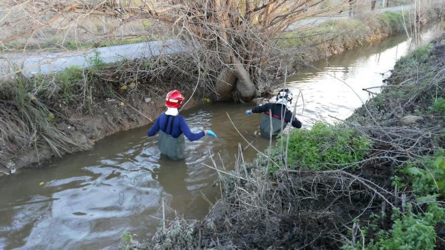 Bomberos trabajan en la búsqueda del cuerpo en la acequia, ayer por la mañana.