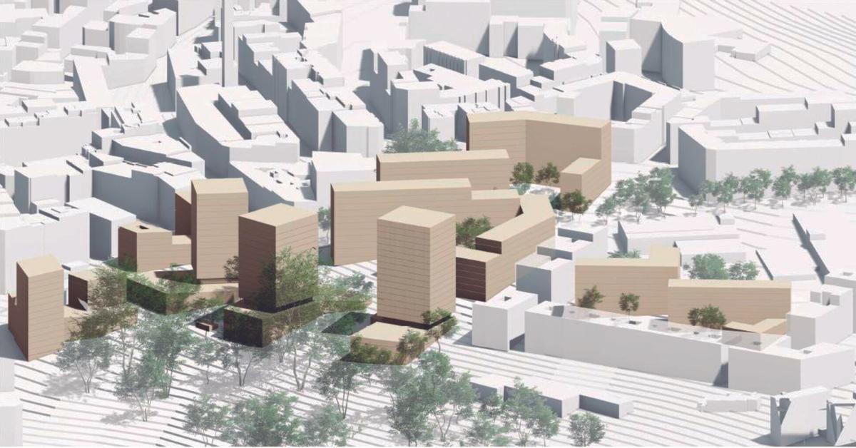 Imagen virtual del polígono Parque de Oza, en beis, los edificios proyectados