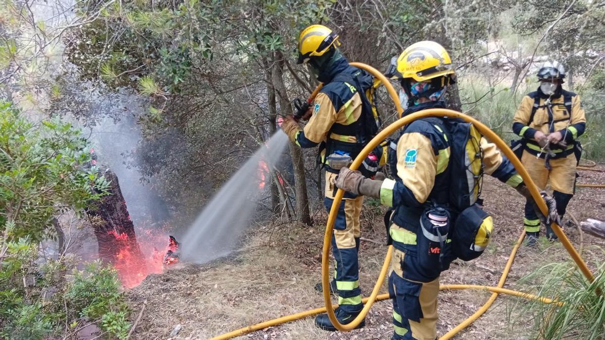 Efectivos del Ibanat, durante la extinción de uno de los incendios.