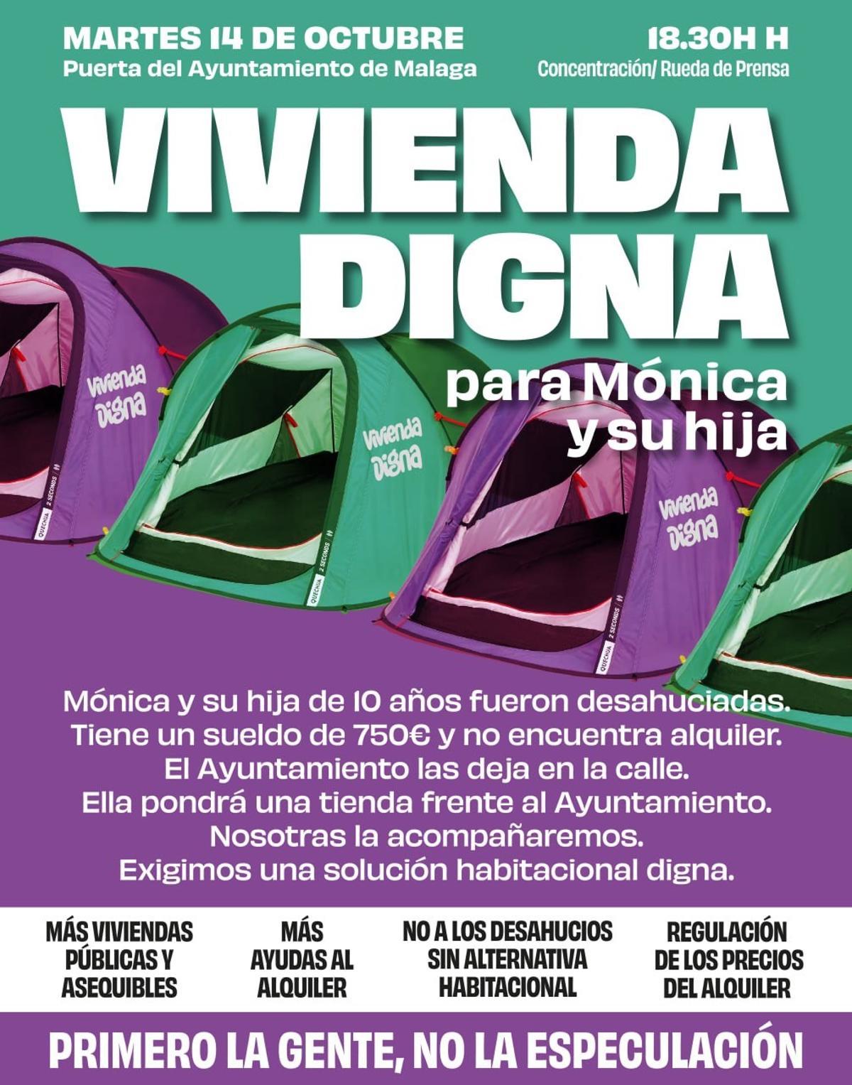 Cartal en apoyo a Mónica y su hija, que acampará ante el Ayuntamiento de Málaga.