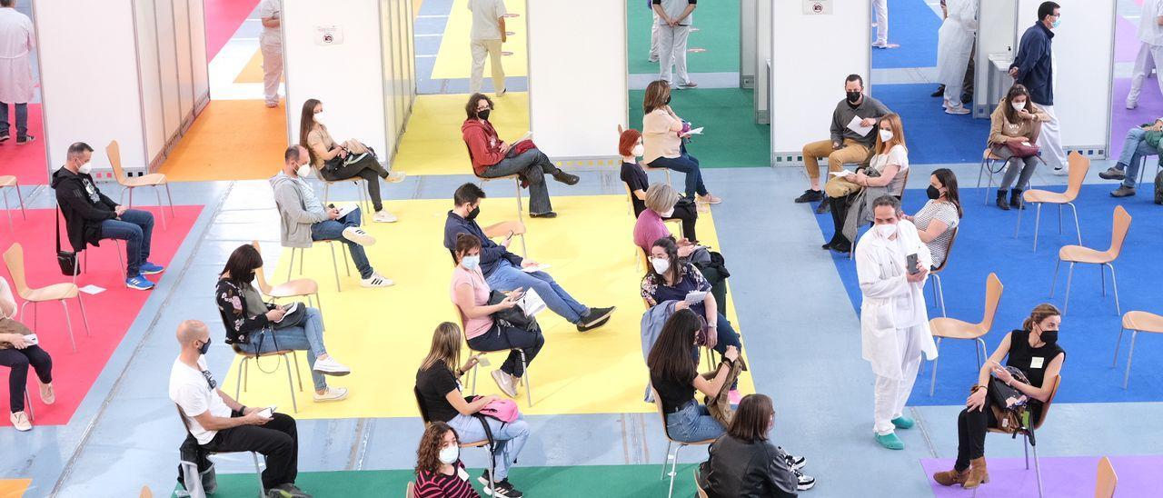 Los profesores del Alto y Medio Vinalopó, en el Pabellón Azul de Elda durante el proceso de vacunación contra el covid-19