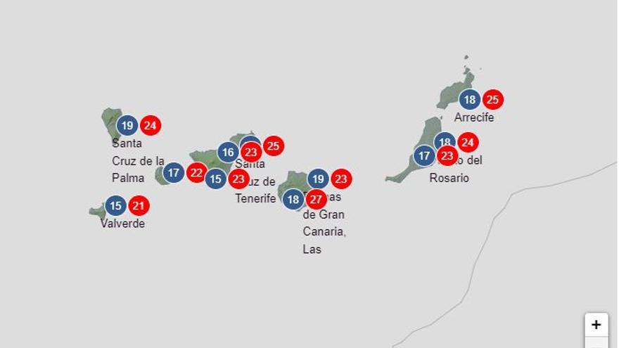 Temperaturas previstas en Canarias el viernes 20 de mayo.