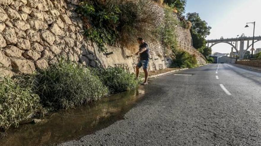 El agua que brota por la pared está embalsada en la calzada del antiguo camino de Madrid.