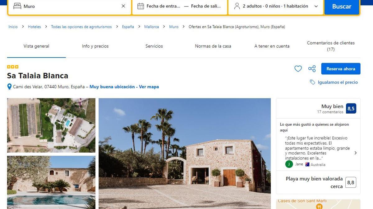 El agroturismo de la familia Monjo en Muro, Mallorca, cuenta con una alta puntuación en la web de Booking.