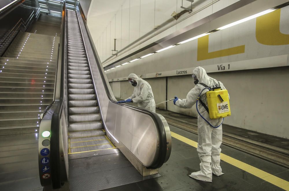 Trabajos de la UME en la Estacion de Renfe, Luceros y Hospital General de Alicante