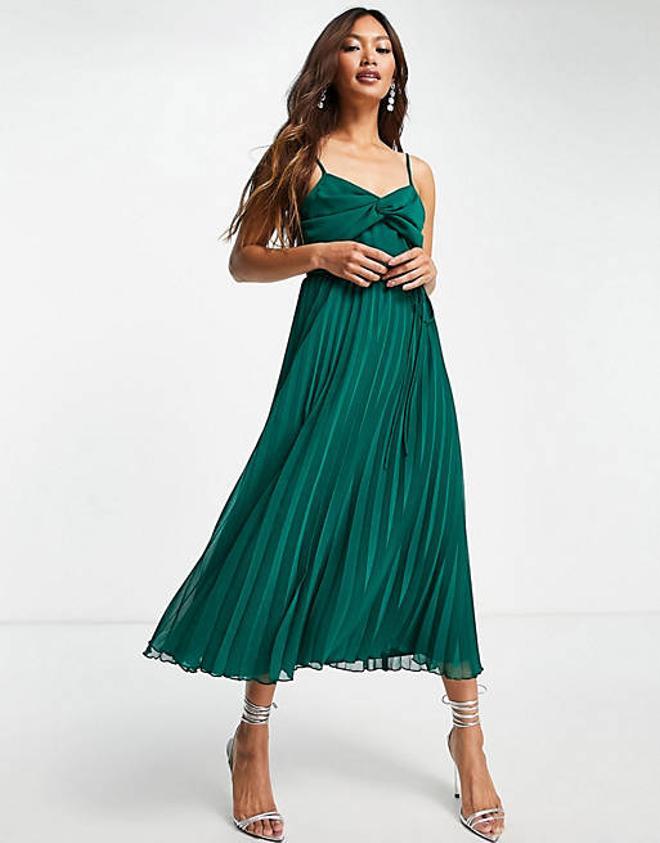 Vestido midi verde bosque plisado de tirantes con diseño retorcido en el pecho y cinturón de Asos