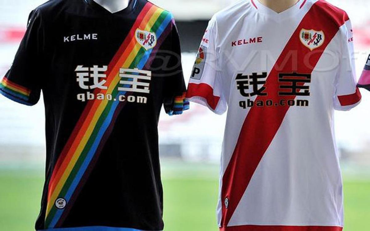 Los diseños de las nuevas equipaciones del Rayo Vallecano 2015/16. Destaca la camiseta suplente, con los colores del arcoíris