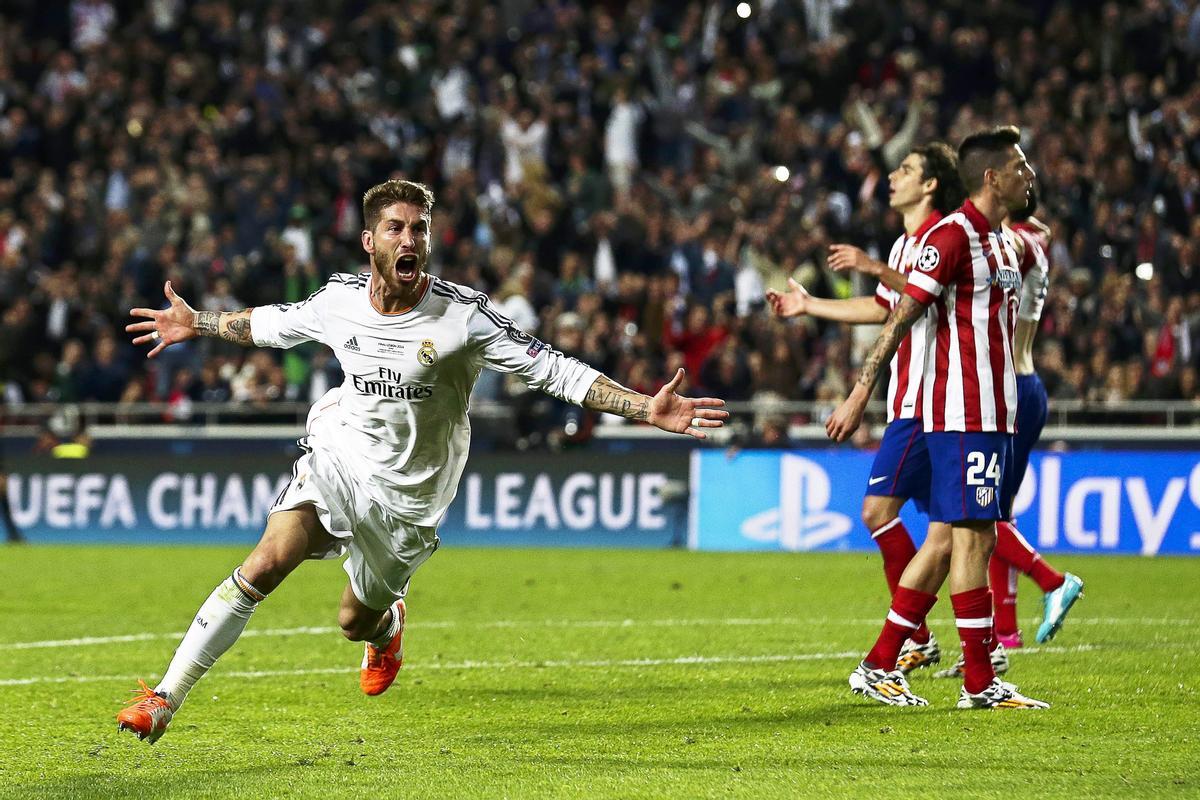 Sergio Ramos celebra su recordado gol en la primera de las dos finales de Champions del Real Madrid contra el Atlético.