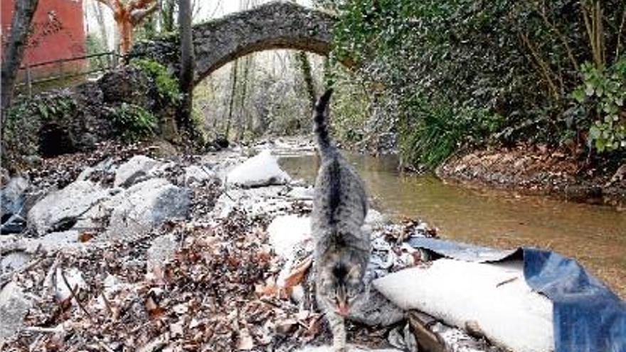 La resclosa del Molí de les Pipes està feta amb sacs de sorra i pedres.