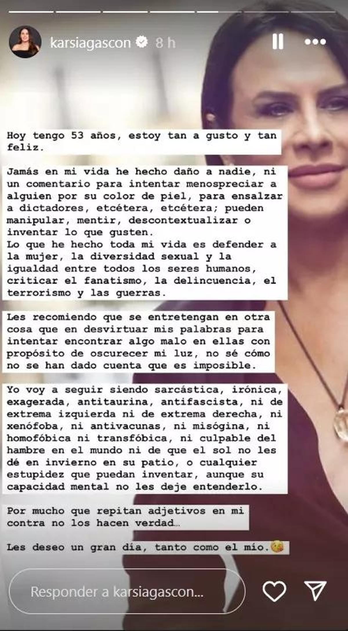 La reivindicación de Karla Sofía Gascón en su Instagram.