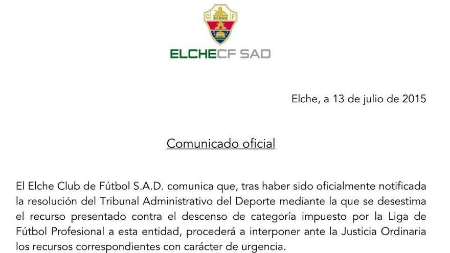 Comunicado oficial del Elche tras la resolución del TAD