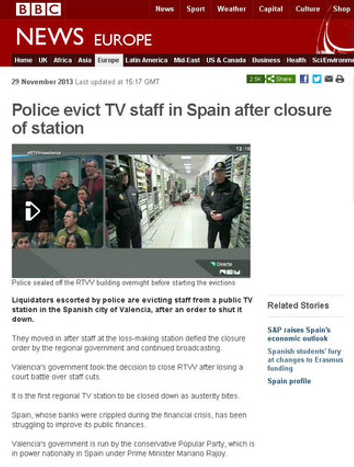 La BBC informa sobre el desallotjament dels periodistes de RTVV.