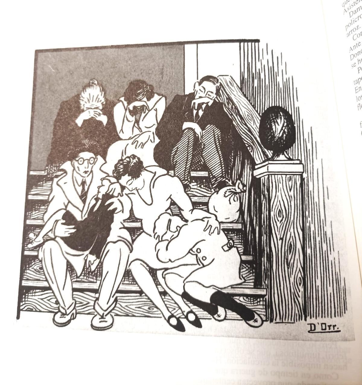 Dibuix d'Àlvar d'Orriols d'ell i la seva família dormint a l'escala del Casino