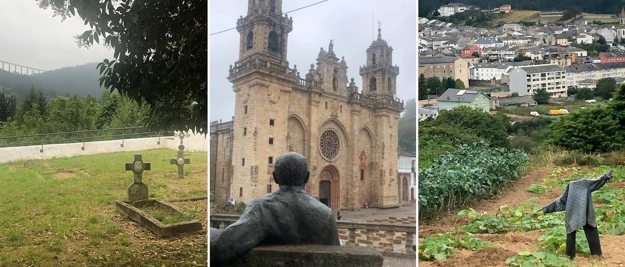 De izq. a dcha.: vista del cementerio de Mondoñedo, la estatua de Cunqueiro contempla “su” Catedral y el espantapájaros que “vigila” Mondoñedo