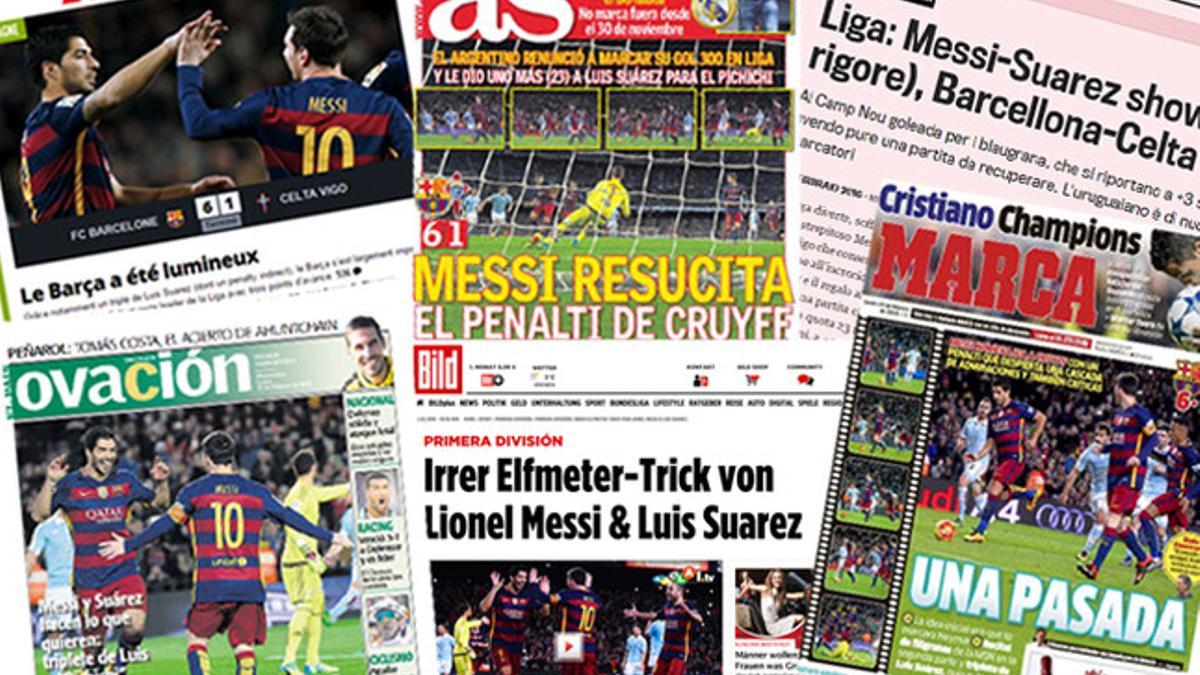 Algunos de los titulares de prensa de algunos de los principales medios de comunicación en torno al penalti de Messi y Suárez