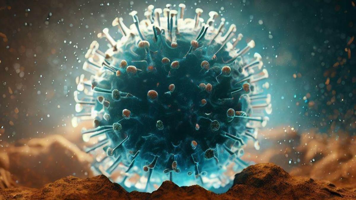 Un virus gigante de forma alargada y color azul, con una superficie lisa y brillante. El virus tiene una longitud de unos 800 nanómetros y un grosor de unos 200 nanómetros. El fondo, de color marrón claro, representa el suelo, con algunos granos de arena y restos orgánicos.