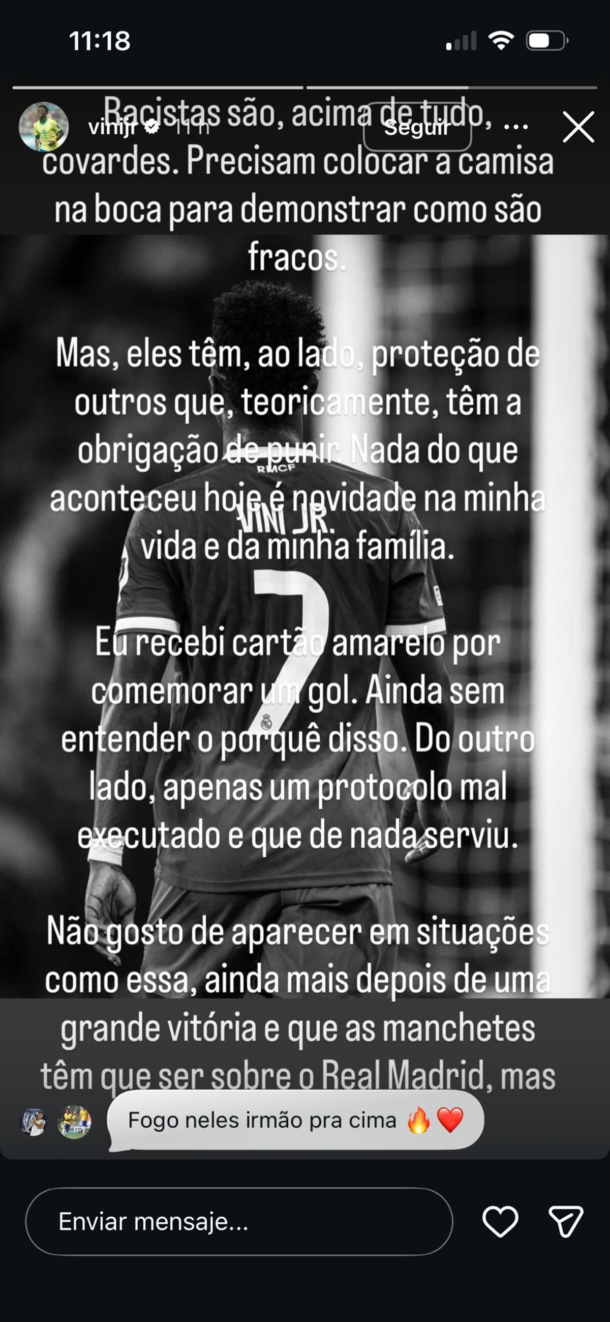 Publicación de Vinicius en Instagram tras el partido contra el Benfica.