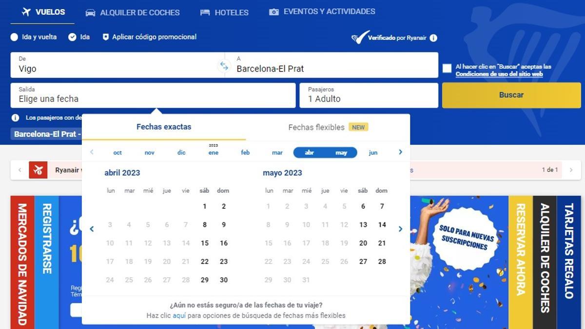 Vuelos que ofrece Ryanair en su página web para la ruta entre Vigo y Barcelona.