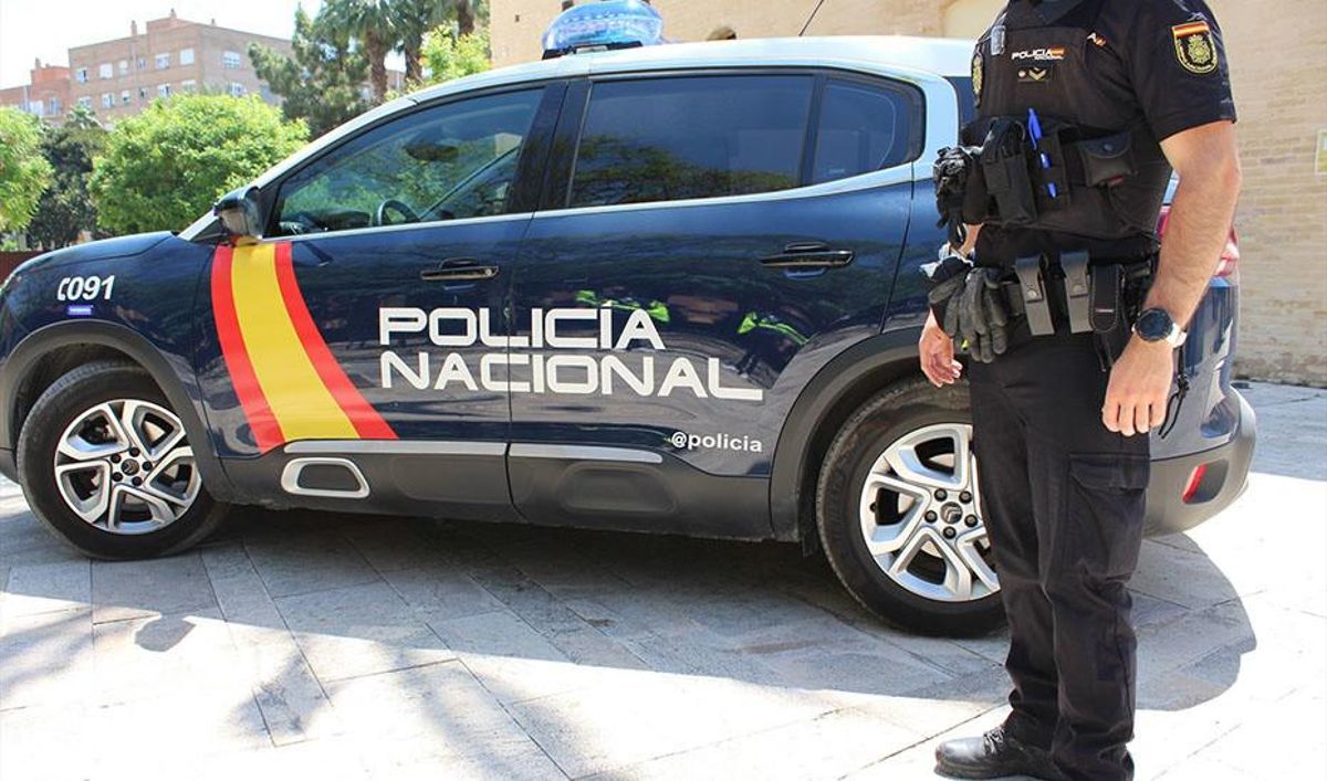 Un agente, junto a un vehículo de la Policía Nacional.