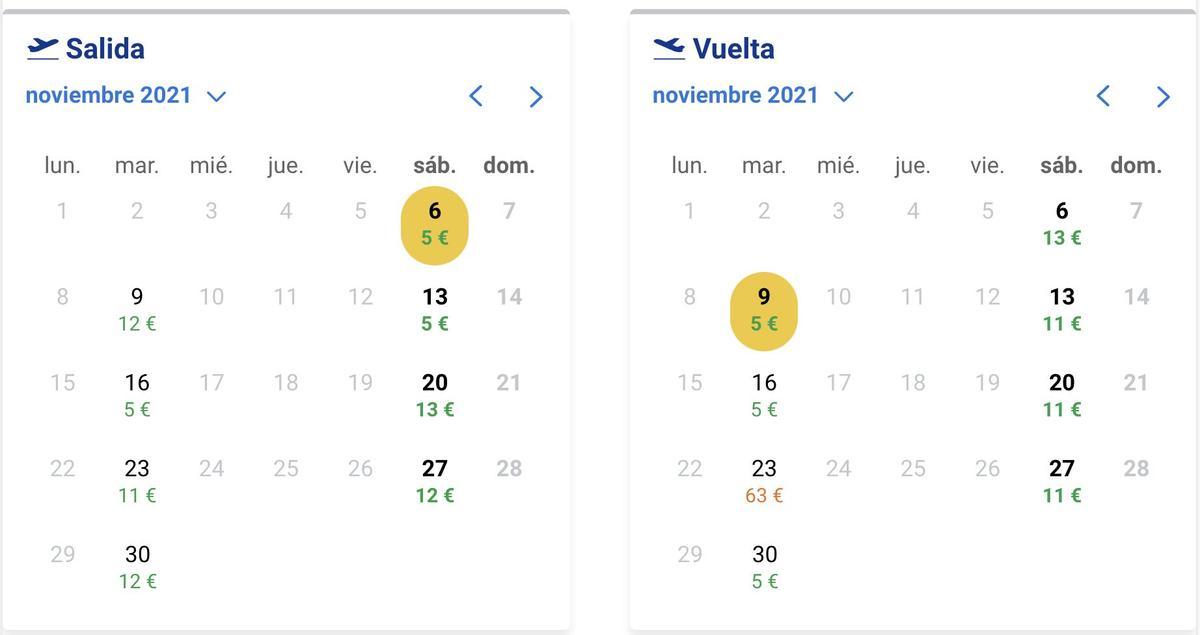 Calendario vuelos Castellón - Londres durante noviembre 2021