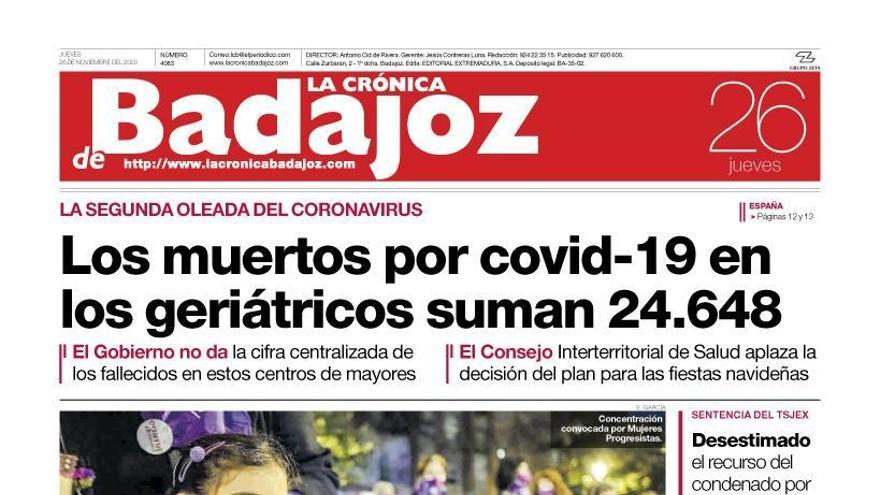 Esta es la portada de LA CRÓNICA DE BADAJOZ correspondiente al día 26 de noviembre del 2020