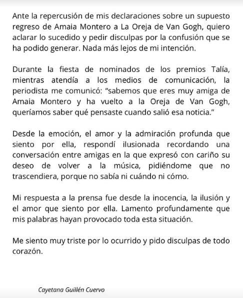El comunicado retractándose que ha compartido Cayetana Guillén Cuervo