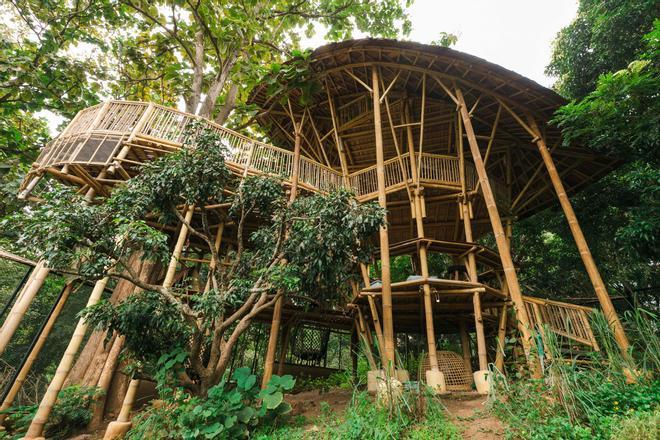 La casa fue hecha con madera de bambú y cuenta con tres pisos