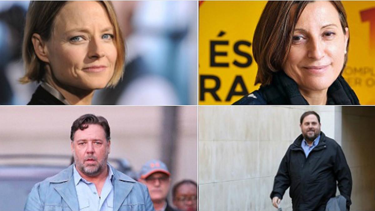 Arriba, Jodie Foster junto a Carme Forcadell. Debajo, Russell Crowe y Oriol Junqueras.