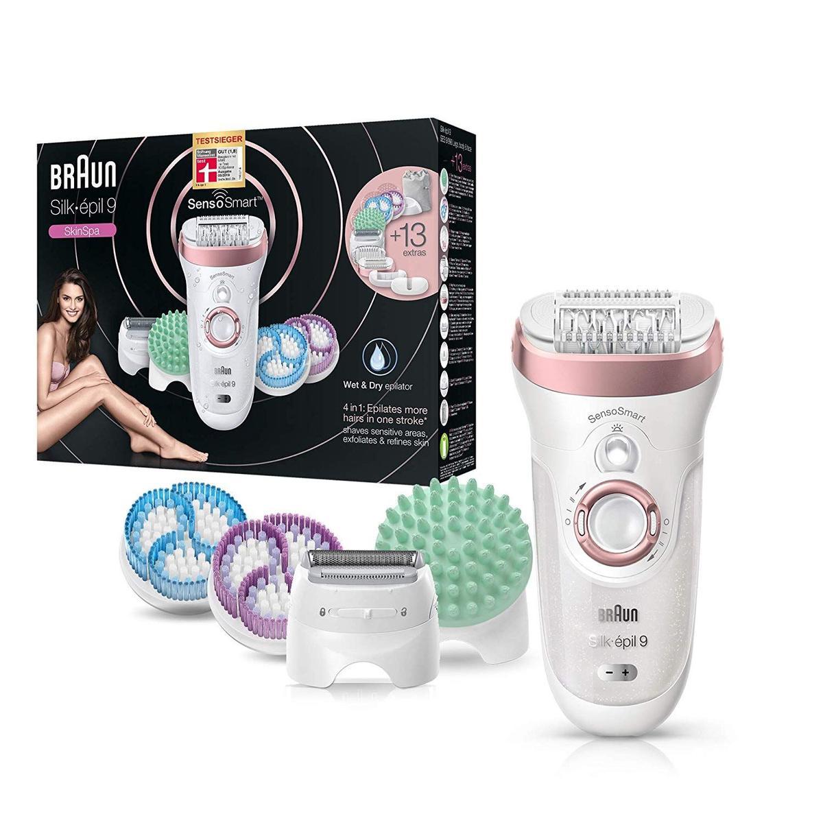 Braun Silk-épil 9 9/990 SkinSpa Depiladora Mujer Eléctrica Inalámbrica 4 en 1 con SensoSmart y Sistema de Depilación, Exfoliación y Cuidado de la piel, Wet &amp; Dry con 13 Accesorios, Color Oro Rosa