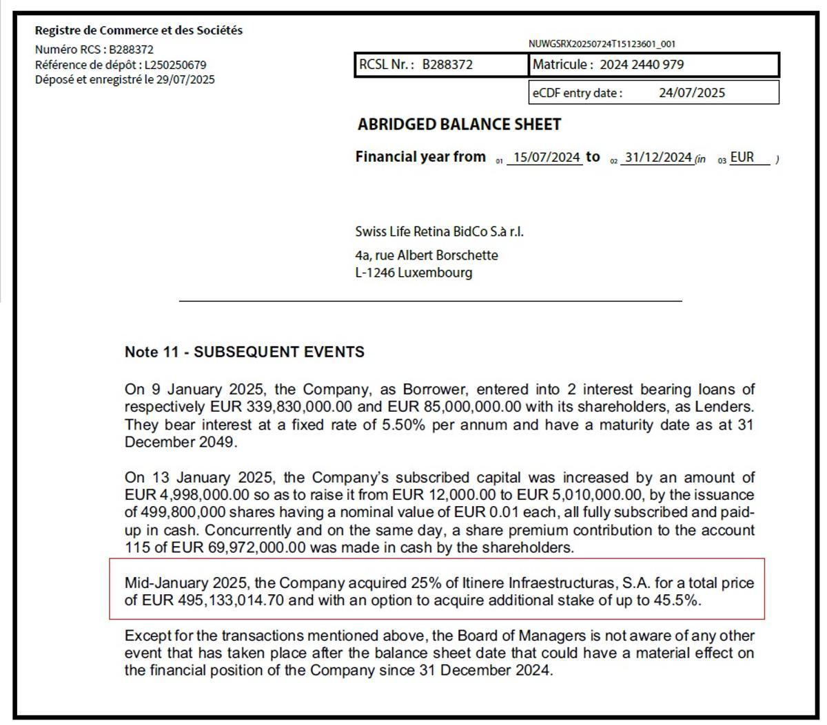 Extracto de la documentación de Swiss Life remitida a Luxemburgo