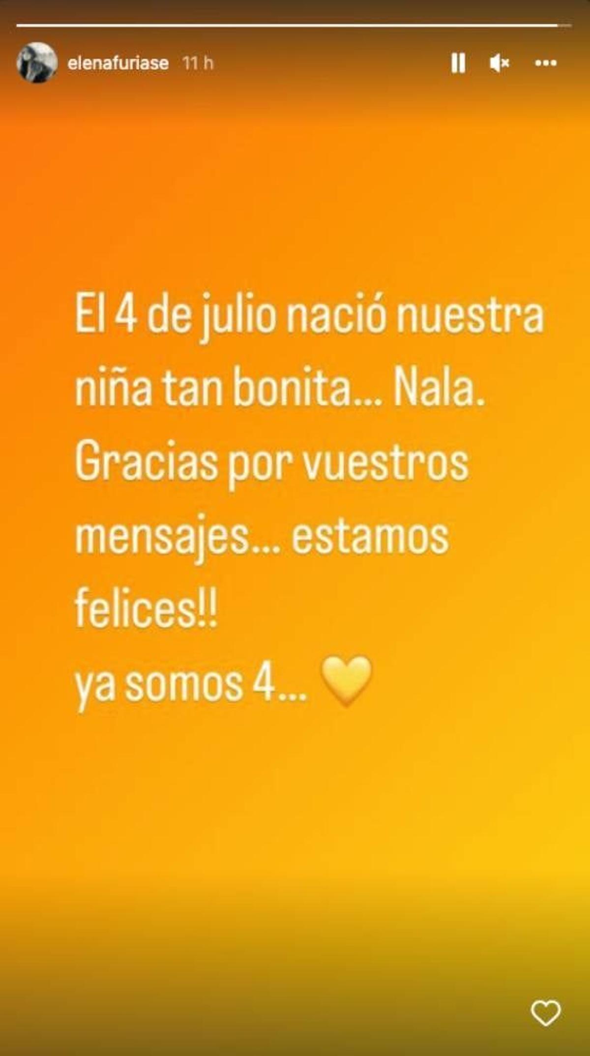 Un Instagram stories de Elena Furiase: ha nacido su hija Nala