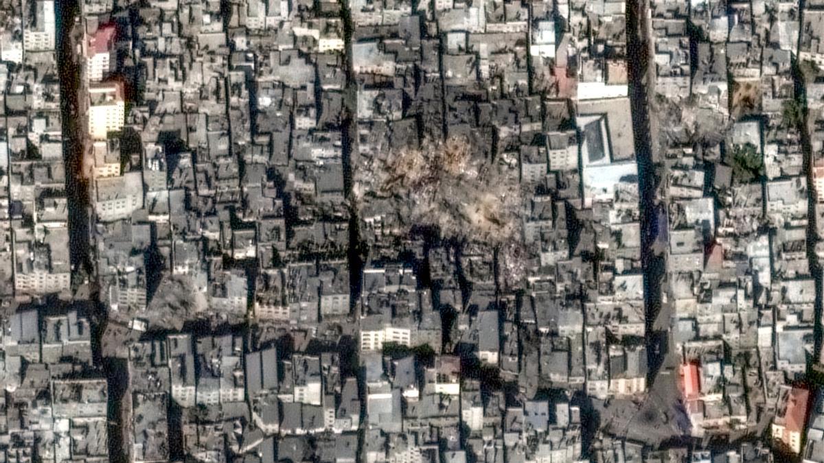 A satellite image shows an overview of Jabalia after explosions