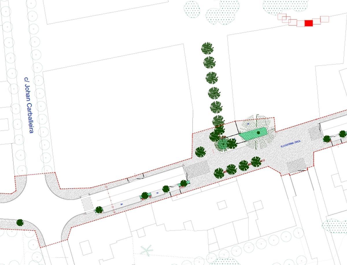 Uno de los planos de la obra, en la interseccción entre Johan Carballeira y Pazos Fontenla y la plataforma única que se prevé frente a la araucaria de la manzana Massó.
