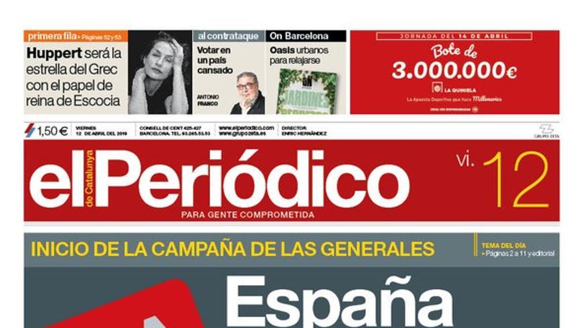 La portada de EL PERIÓDICO del 12 de abril del 2019