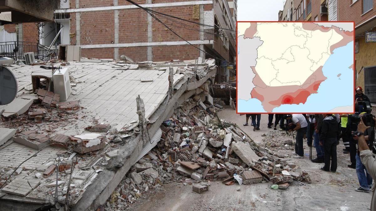 Una de las desoladoras imágenes que dejó el terremoto de Lorca en 2011 y el mapa de riesgo sísmico de España.
