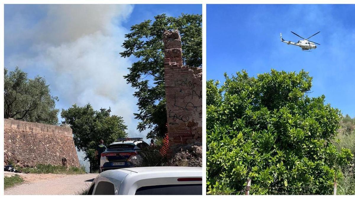 Dos imágenes de los efectivos y medios aéreos movilizados por el incendio forestal declarado en Chella.