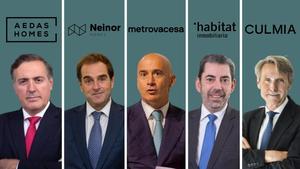 De izquierda a derecha: David Martínez, CEO de Aedas Homes; Borja García Egotxega, CEO de Neinor Homes; Jorge Pérez de Leza, CEO de Metrovacesa; José Carlos Saz, CEO de Habitat Inmobiliaria; y Francisco Pérez, CEO de Culmia.