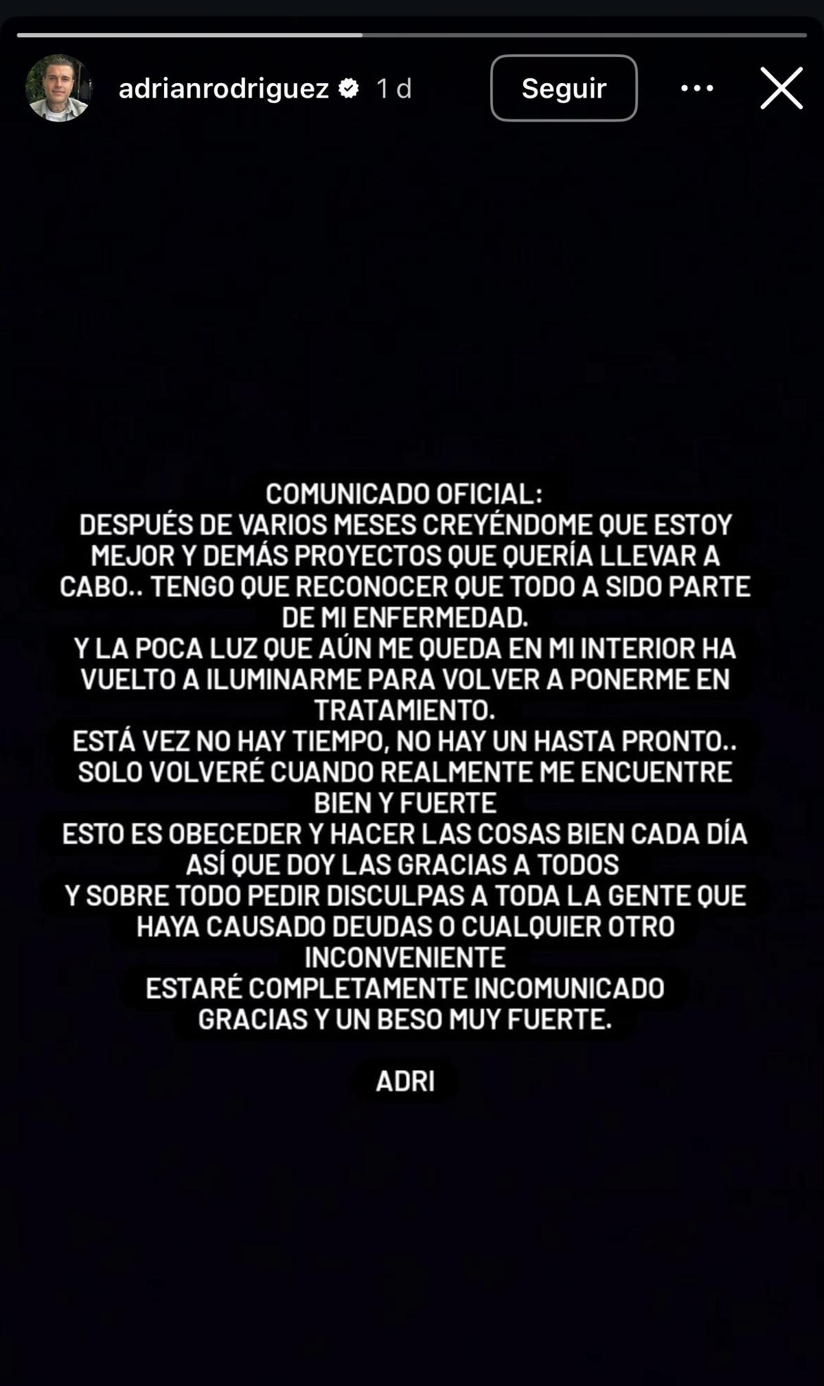 Comunicado oficial de Adrian Rodríguez sobre su situación actual.