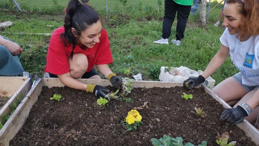 Dos participantes en el huerto terapéutico comunitario trabajando en la tierra.