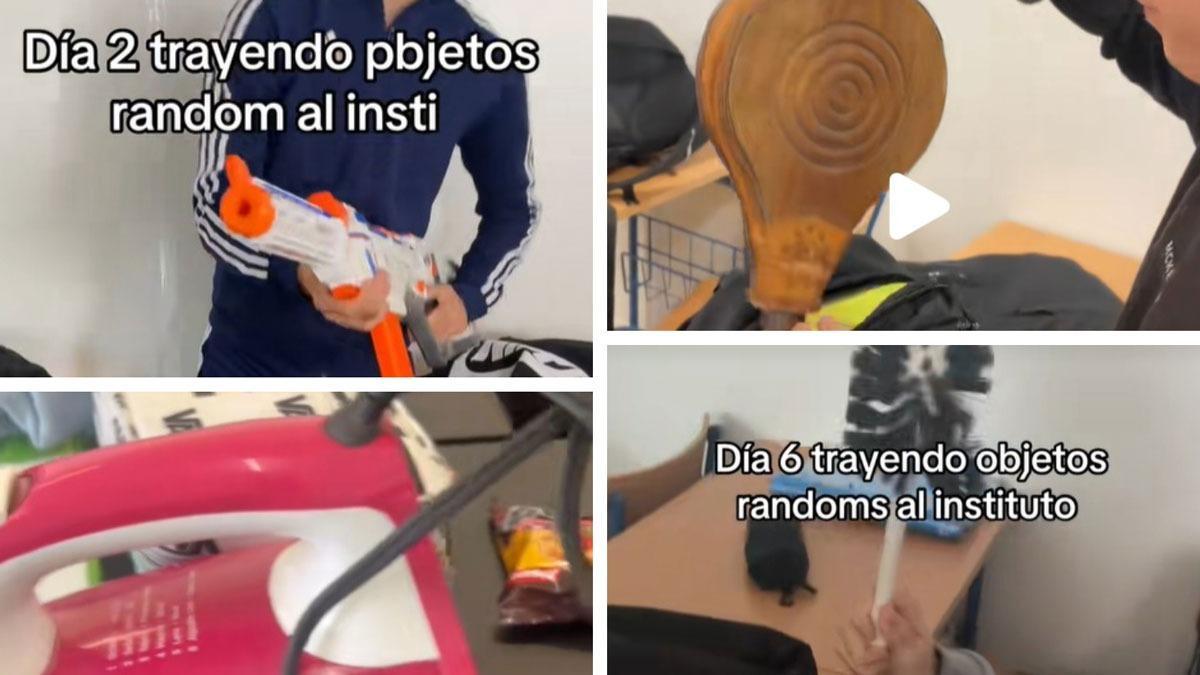 Capturas sacadas de varias cuentas de Tik Tok donde los alumnos muestran los objetos que llevan a clase