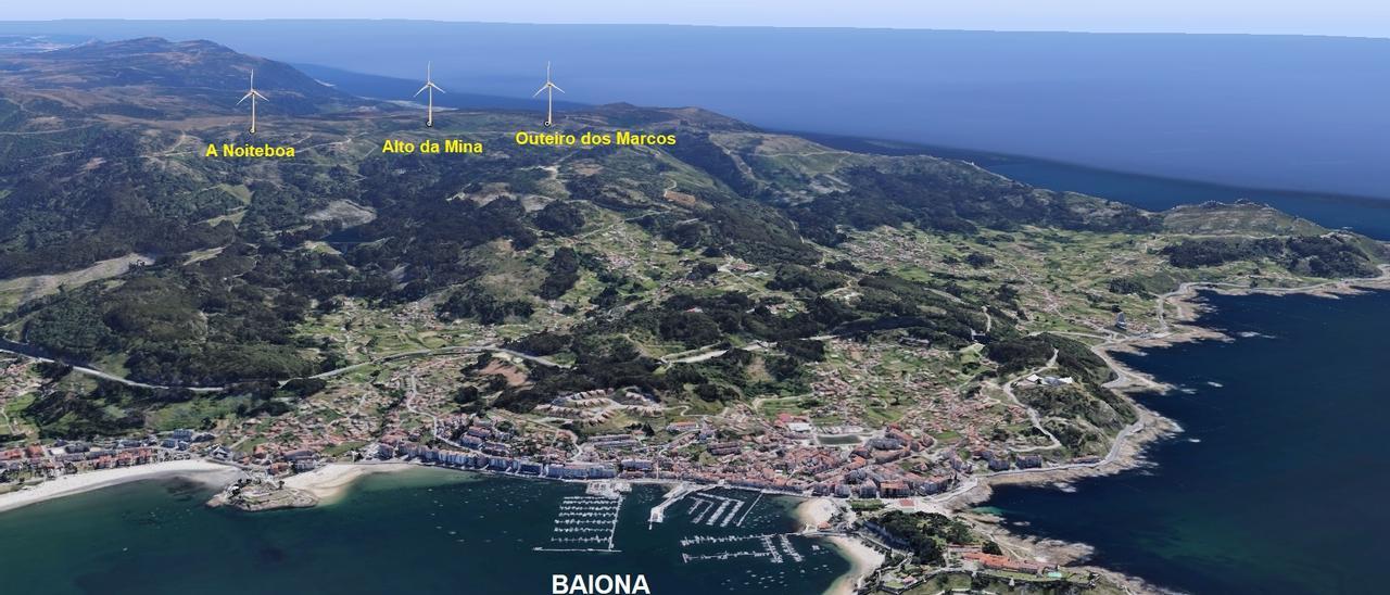 Así se vería Baiona con los tres aerogeneradores del parque eólico Toroña. // Bruno Centelles (SOS Groba)