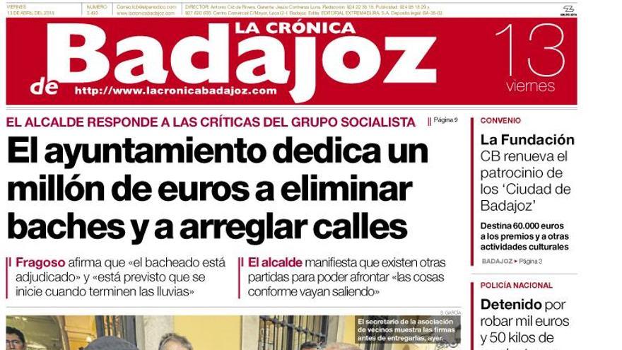 Esta es la portada de LA CRÓNICA DE BADAJOZ correspondiente al día 13 de abril del 2018