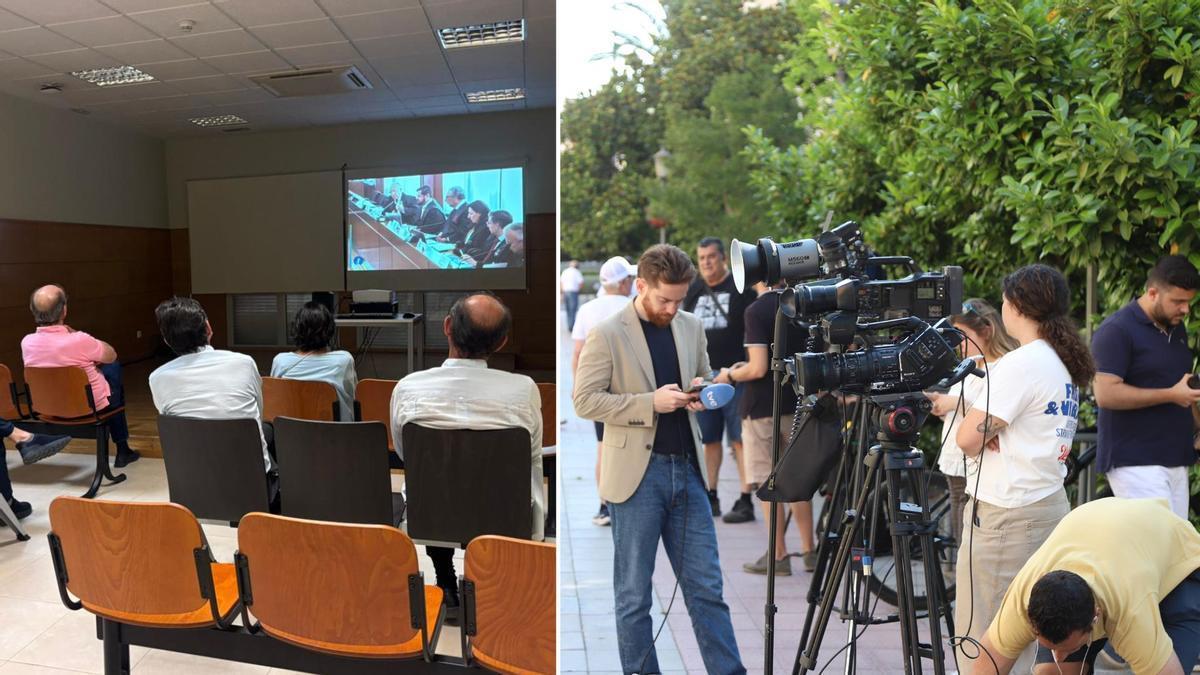 Imagen de la sala habilitada para que el público siga el juicio del Caso David Sánchez (a la izquierda) y numerosos medios de comunicación en la avenida de Colón de Badajoz (a la derecha).