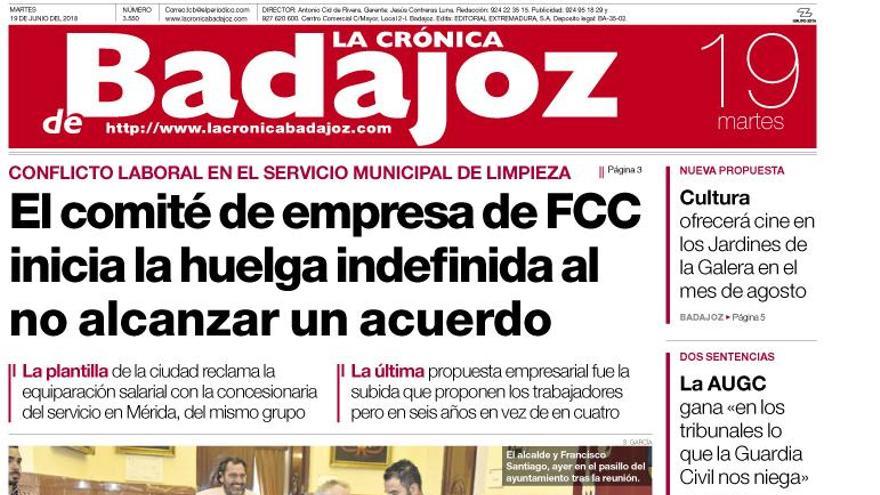 Esta es la portada de LA CRÓNICA DE BADAJOZ correspondiente al día 19 de junio del 2018