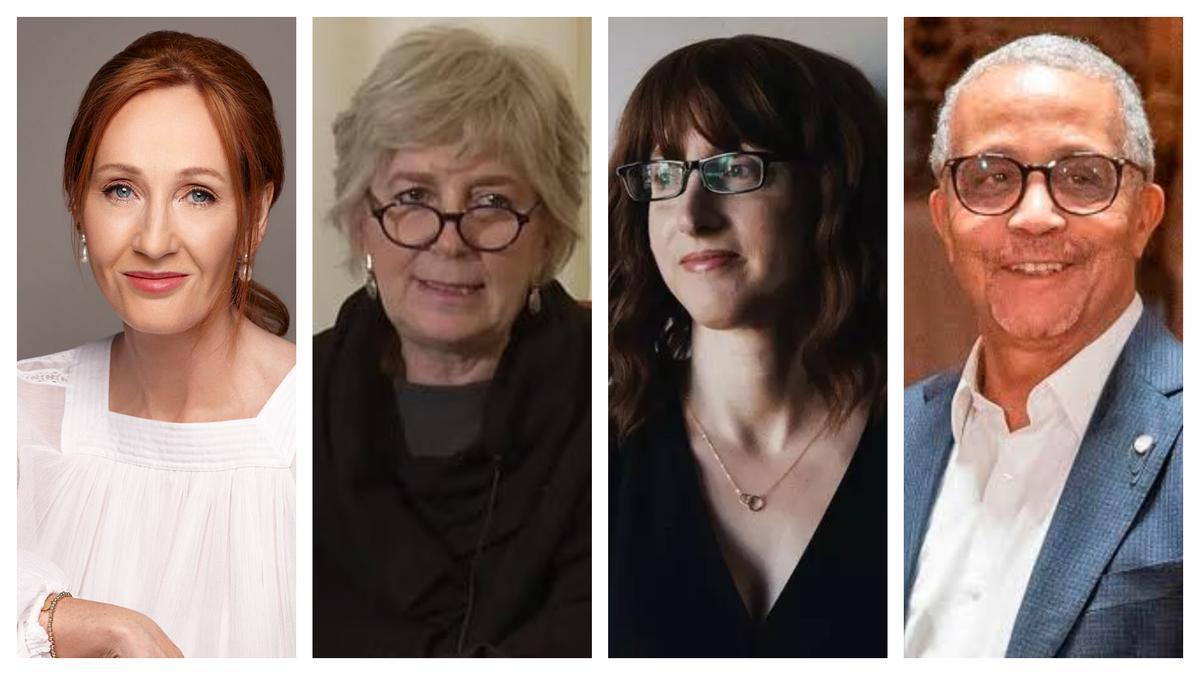 De izquierda a derecha, J. K. Rowling, inventora de Robert Galbraith; Anita Raja, la supuesta Elena Ferrante; Saran Cohen disfrazada de Freida McFadden; y Yasmina Khadra, de nombre real  Mohamed Moulessehoul