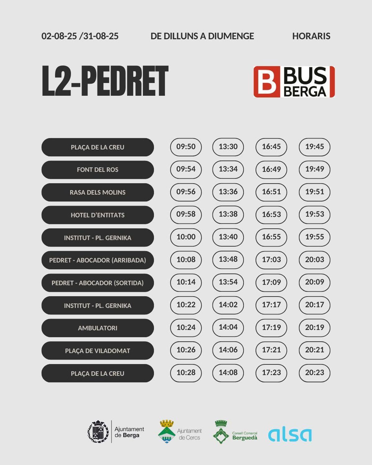 Horaris del bus urbà a Pedret