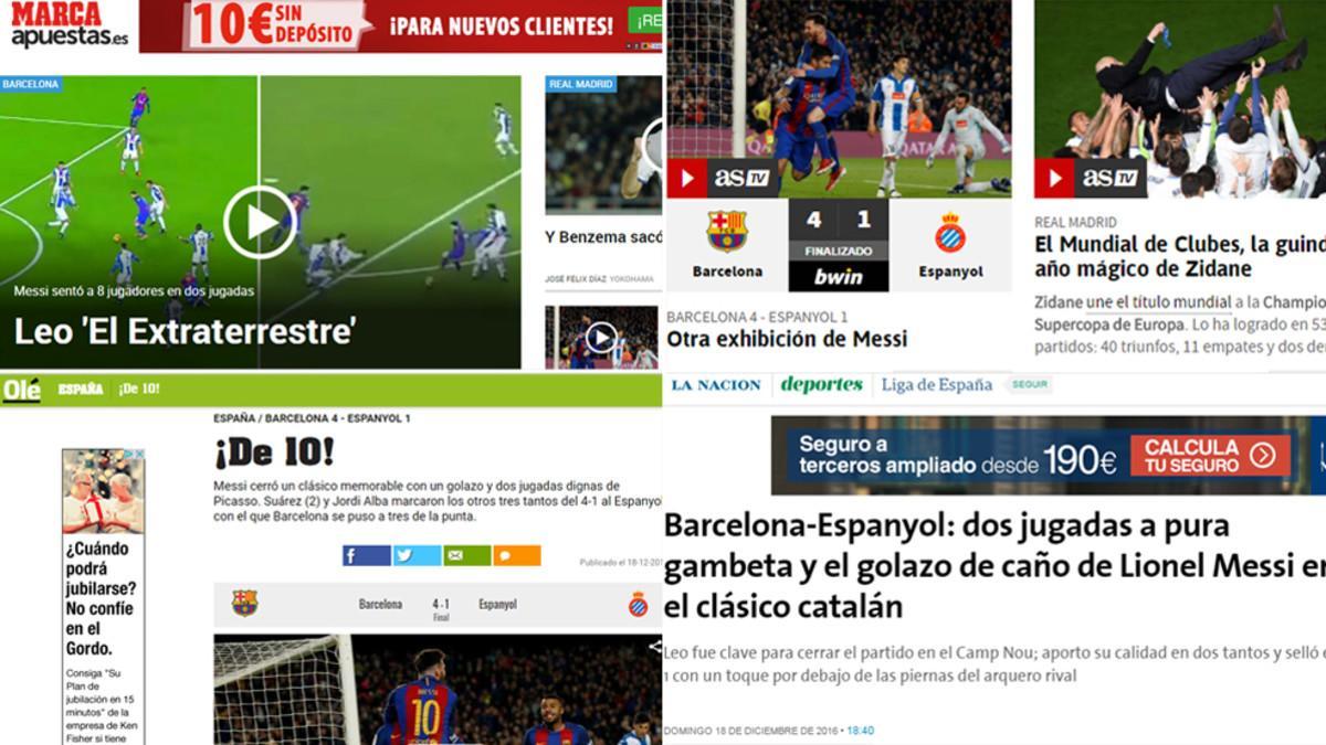 Algunas de las portadas on-line de las crónicas sobre el derbi Barça-Espanyol de la Liga 2016/17